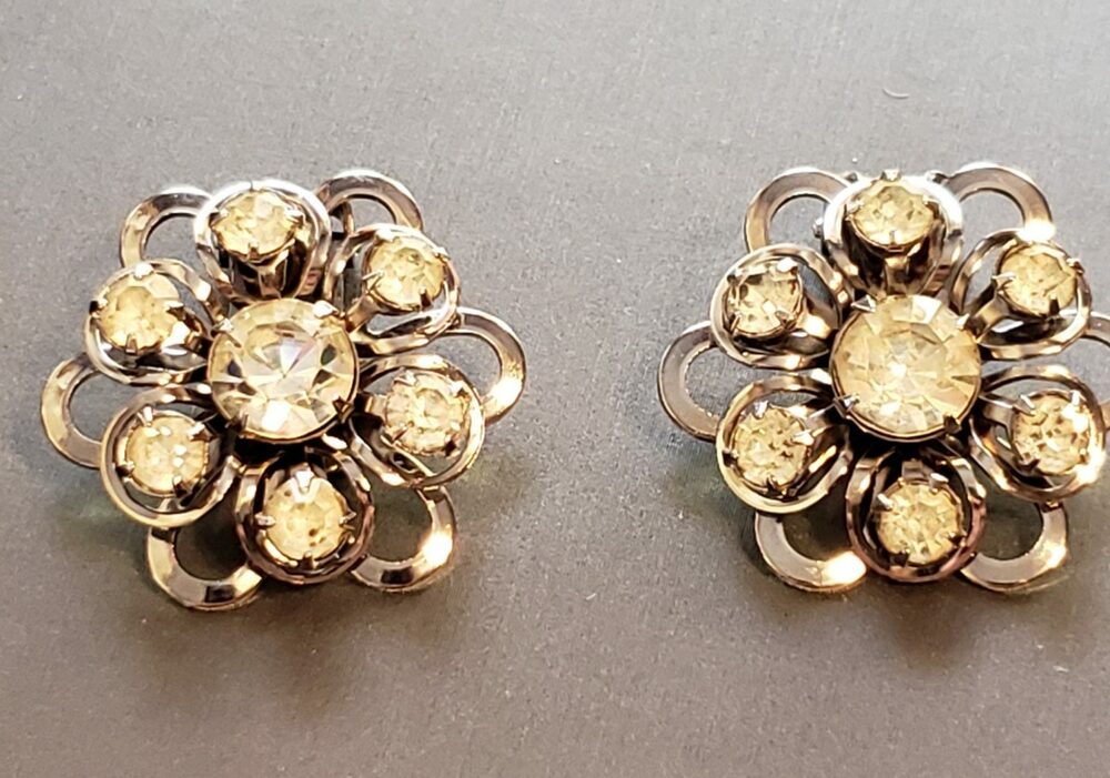 Vintage Rhinestone Clip On Earrings, Mid-Century Glass, Wedding Flowers